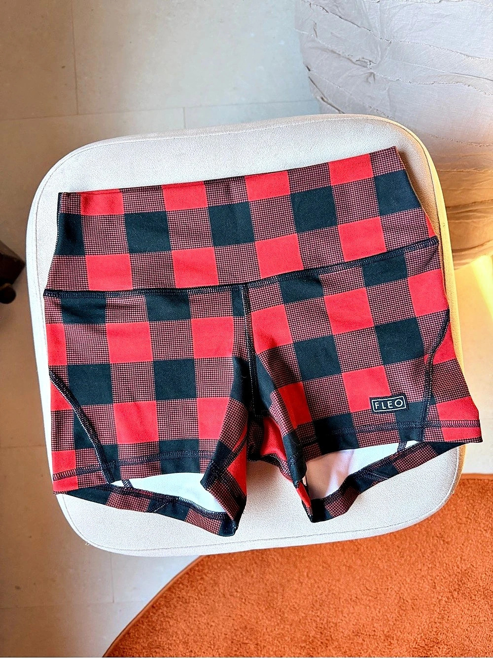 FLEO Athletic Shorts in Red & Black Checkered Plaid Print Size Small
